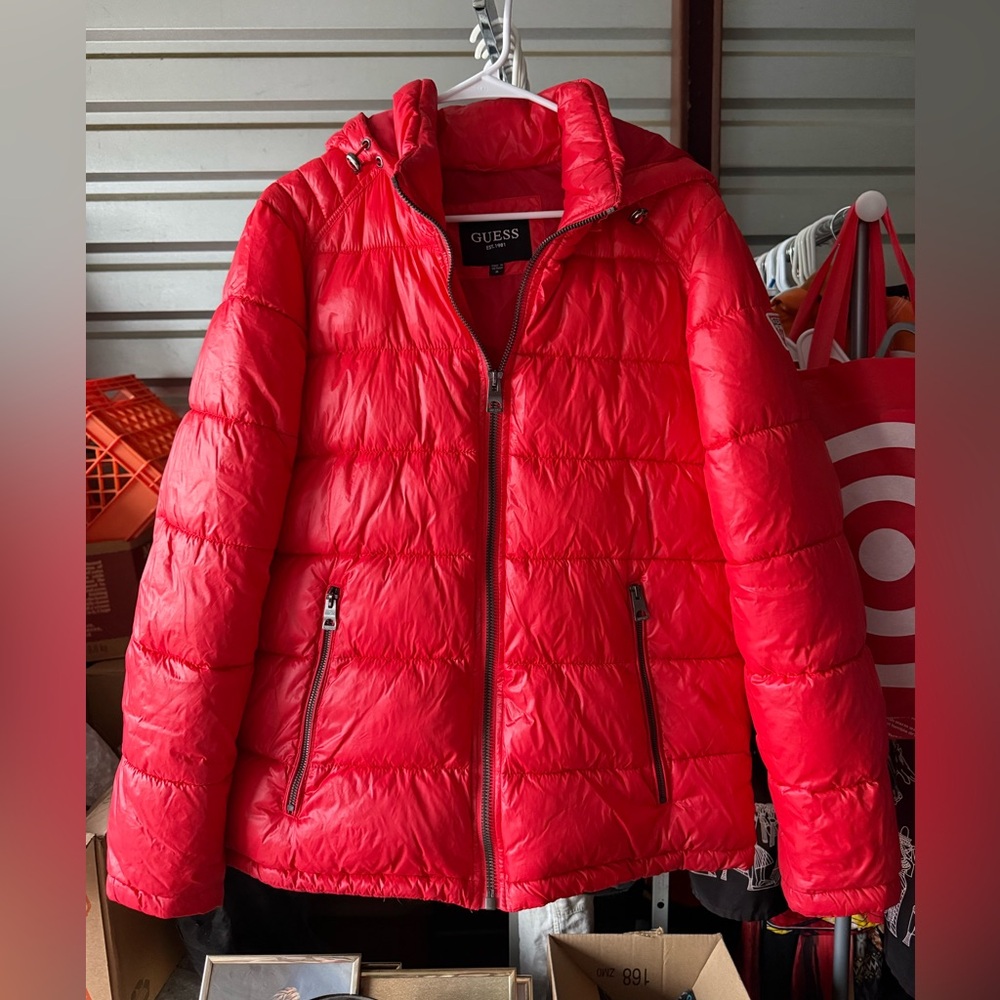 Guess Red Puffer Jacket with Zip Off Hood